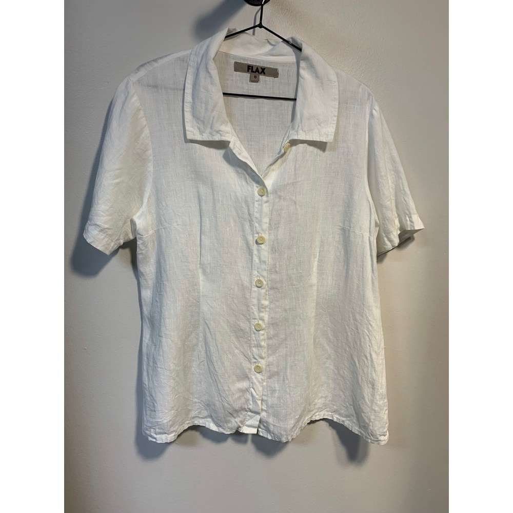FLAX Women White 100% Linen Short Sleeve Button Down Shirt Size Small